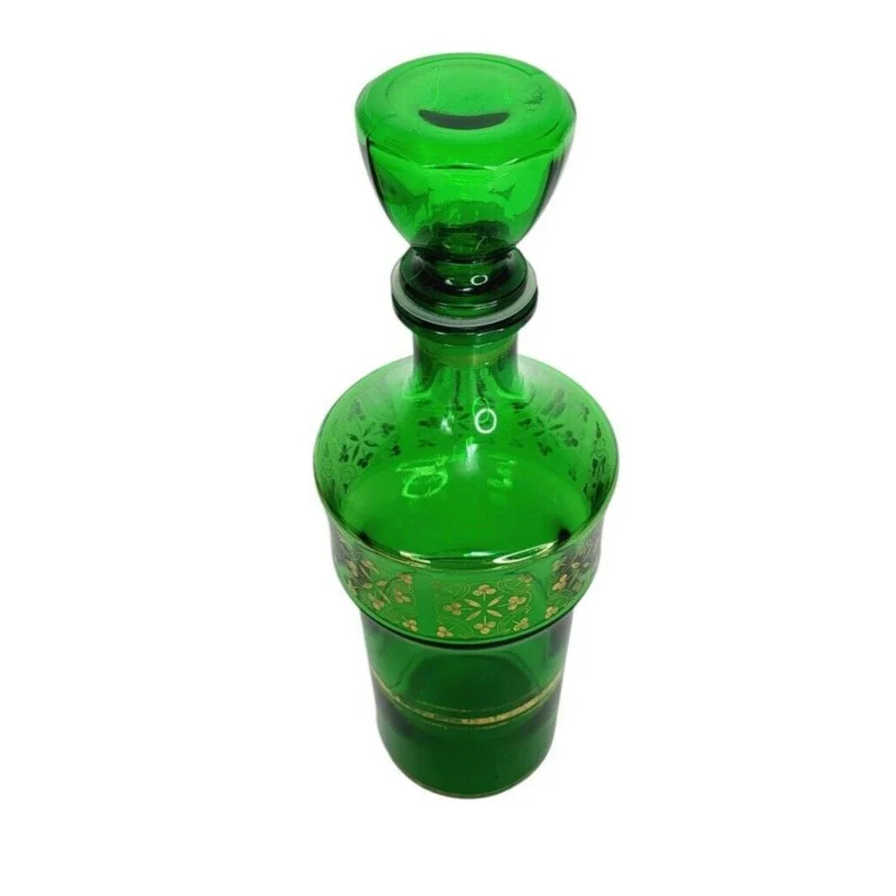 VTG MCM 60s JAY Emerald Green Glass Barware Liqueur Decanter 24kt Gold Clovers